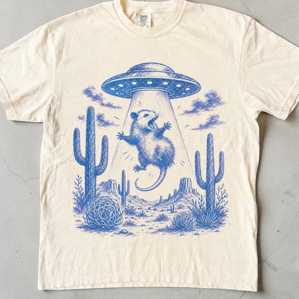 Funny Possum Shirt, UFO Alien Abduction Tee, Opossum Lover Gift, Vintage Western Desert, Unisex Relaxed Fit Comfort Colors