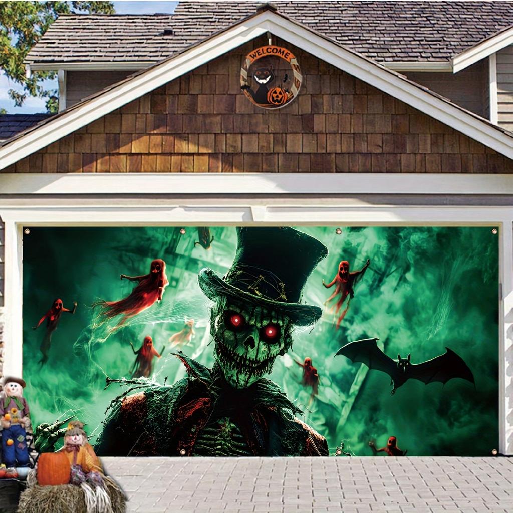 Halloween garage banner - Red and zombie design, outdoor party decoration, polyester fiber