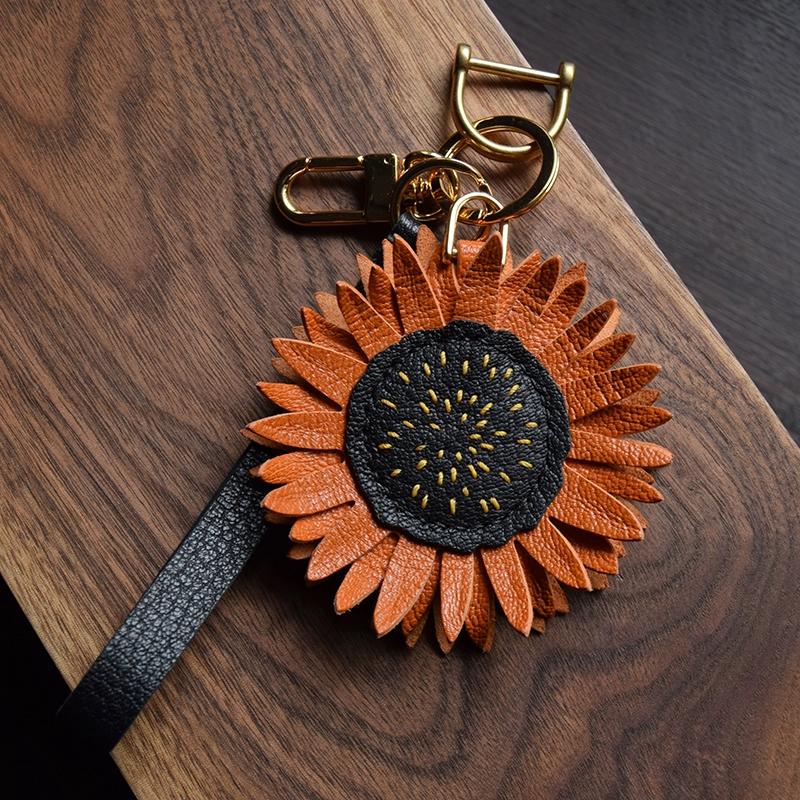 Дизайнерский оригинальный брелок для ключей из кожи ручной работы в виде подсолнуха, персонализированный подарок, ниша для ключей от машины