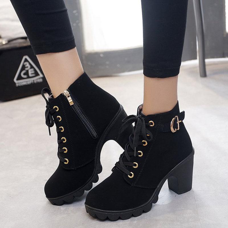 Fashion Women Boots Plus Size Ankle Boots Women Platform High Heels Lace Up Buckle Strap Shoes Thick Heel Short Boot Ladies