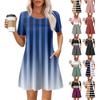 Женские летние повседневные платья с круглым вырезом, плиссированные, с карманами, с принтом, с коротким рукавом