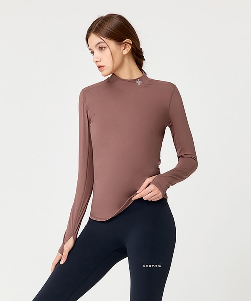 XEXYMIX Mock Neck Fingerhole Basic T-Shirt Copper Rose