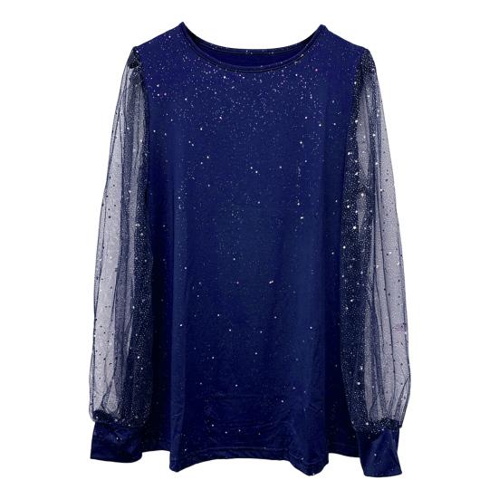 Женская футболка с круглым вырезом, прозрачные блестящие топы с длинным рукавом, однотонные, свободного кроя, повседневные топы для повседневной носки