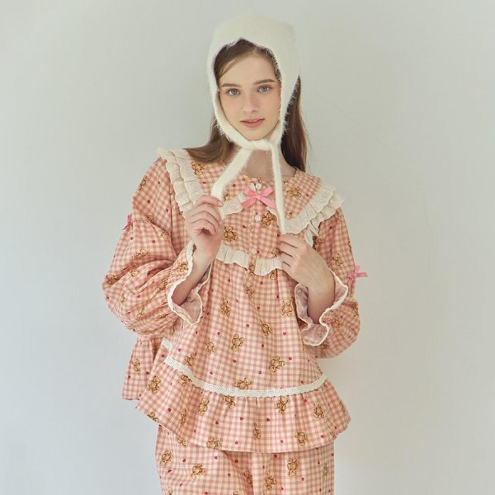 Lunaluz Women S Cotton Long Sleeve Round Neck Sweet Bear Two Piece pajamaS