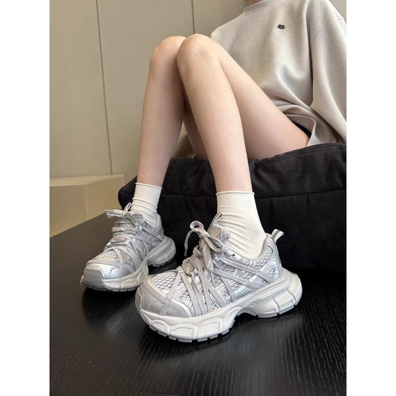 Four Seasons Mesh Fancy Strap Dad Shoes Women's Spring and Summer New Thick-soled Breathable Lightweight Sneakers