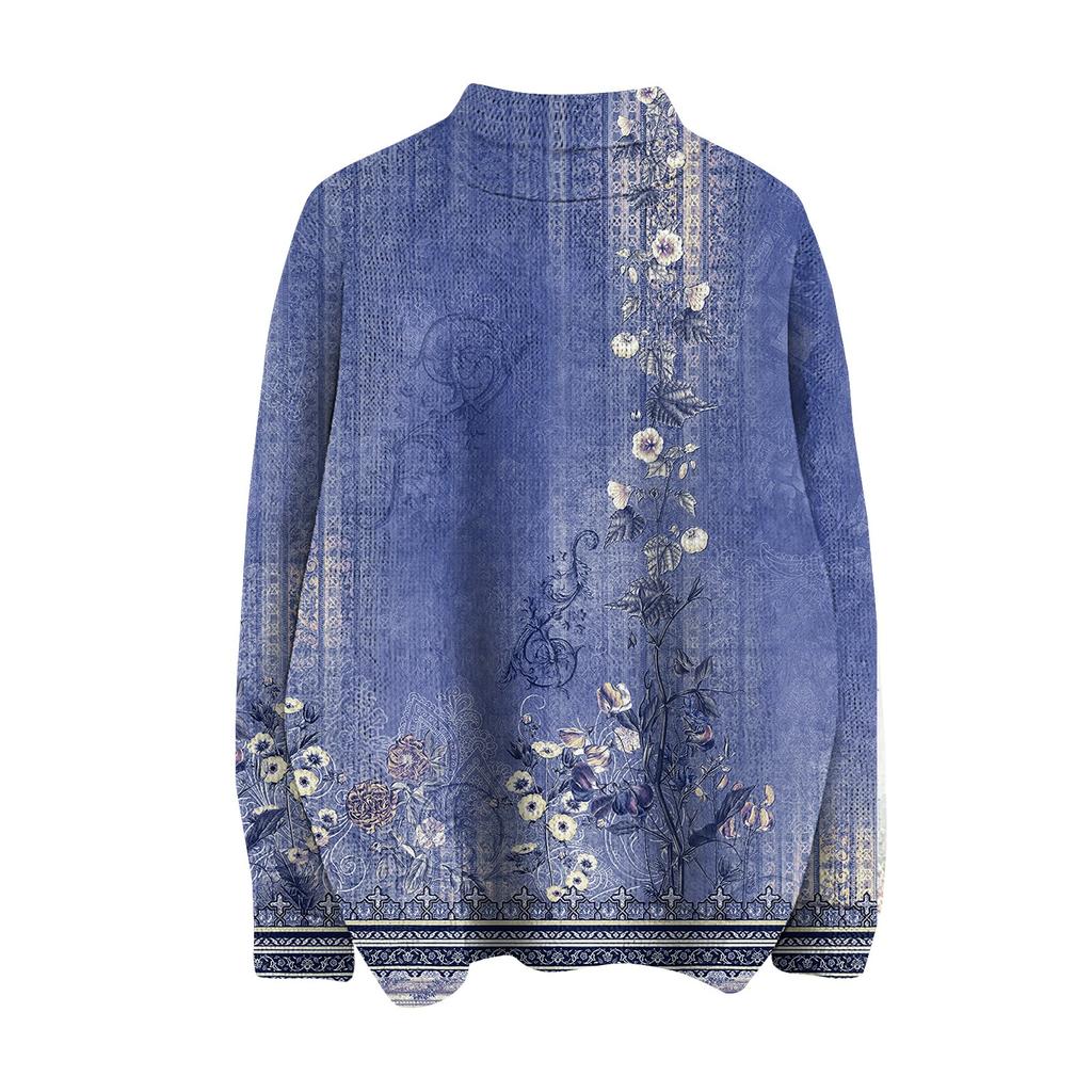 Женская мода повседневная с длинным рукавом и принтом, с высоким воротом, шерстяной трикотаж