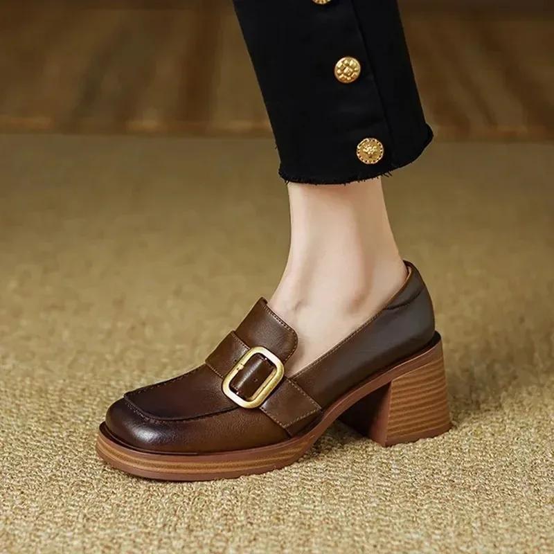 Мода 2024 года, женские туфли на платформе, туфли-оксфорды на среднем каблуке, туфли-лодочки без застежек, квадратный носок, ретро, высокий каблук, черные, весенние, новые кожаные туфли на каблуках