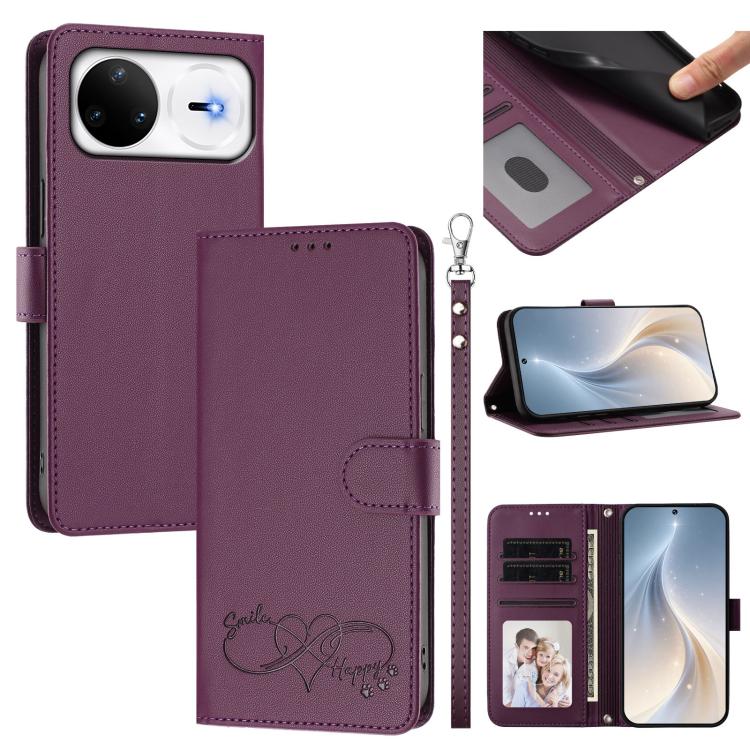 Happy Heart Pattern Magnetic Closure Vegan Leather Phone Case with Wrist Strap For Huawei Mate 60