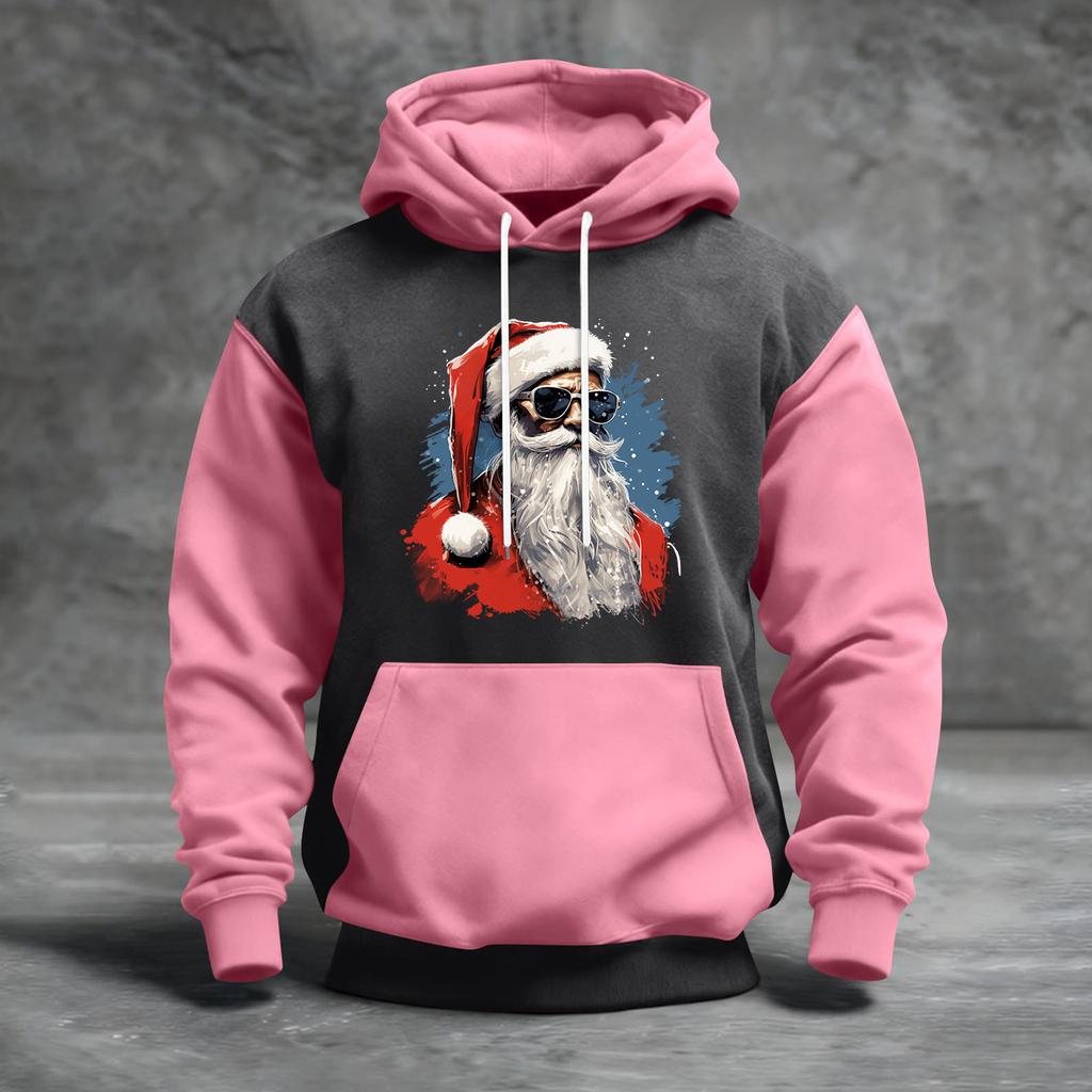 Мужской рождественский свитшот с капюшоном, повседневный, спортивный, удобный, с цветными блоками и принтом