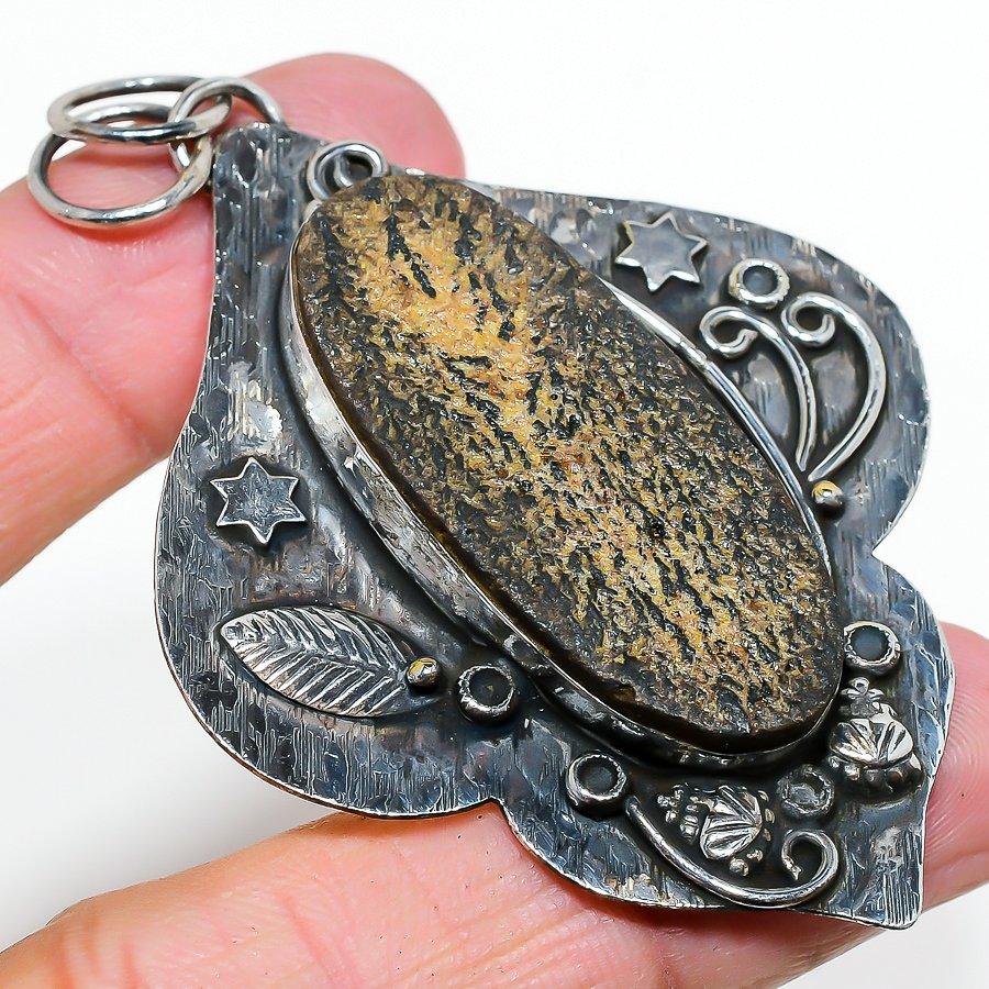 Natural Psilomelane Dendritic Gemstone 925 Sterling Silver Pendant 2.96" g5O29