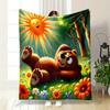 "Happy Bear in Sunny Flower Meadow" Patterned blanket, flannel, suitable for all seasons, home decor, warm and cozy