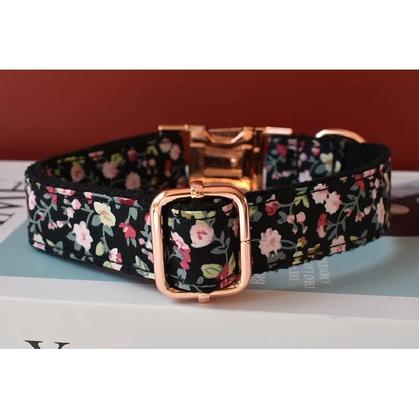 Nylon Personalized Soft Dog Collar Leads with Bow Tie Traction Rope Engraved ID Pet Collar Straps Bulldog Frances Flowers 05