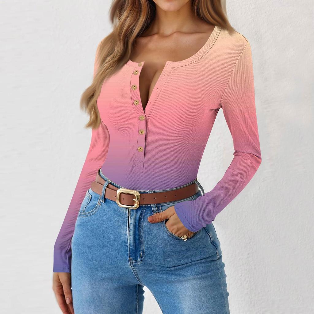 Женская и зимняя футболка с тонким низом, модная повседневная футболка с градиентным принтом и круглым вырезом, пуловер с длинным рукавом