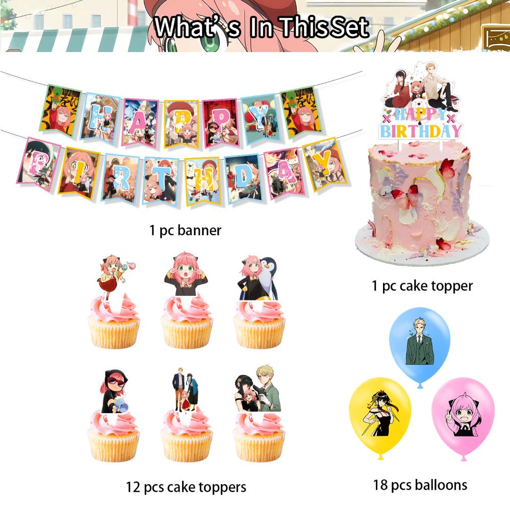 32x Аксессуары для вечеринки Spy Family включают баннер, топперы для торта, воздушные шары