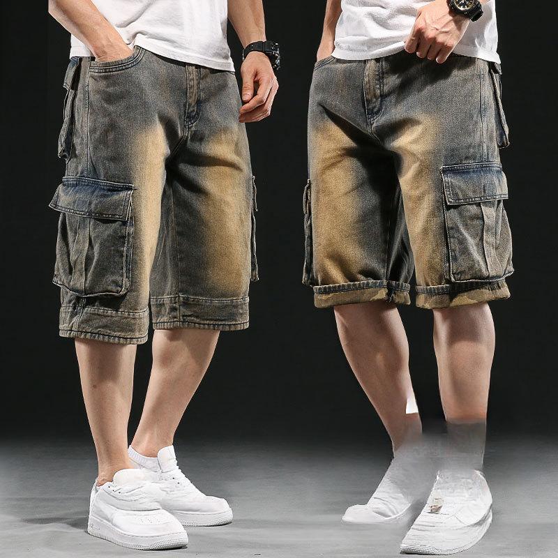 Мужские широкие джинсовые шорты с несколькими карманами 7 Point Work Cargo Jeans Shorts Fat Plus Size Denim Shorts Male