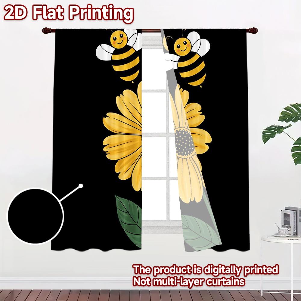 2D FLAT PRINTING 2pcs Curtains (Without Rod) Happy Bees and Sunflower Contemporary Popular Curtains Polyester Easy Install