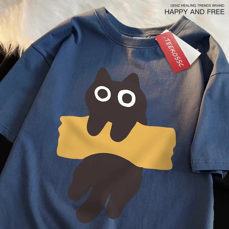 Забавная клейкая лента с принтом кошки в японском стиле, мужские и женские хлопковые футболки оверсайз с коротким рукавом и круглым вырезом, новые топы и футболки