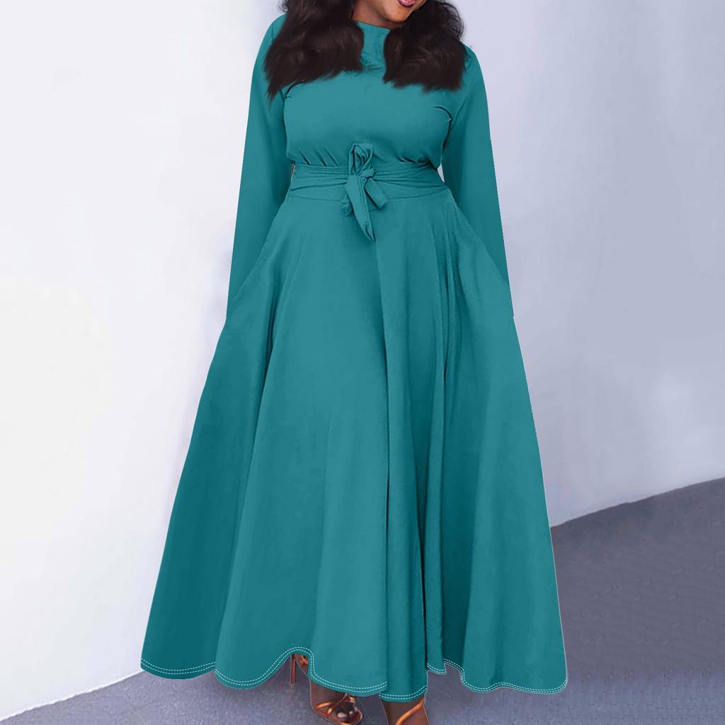 Женское повседневное модное платье большого размера с круглым вырезом и длинным рукавом с карманами на бретелях