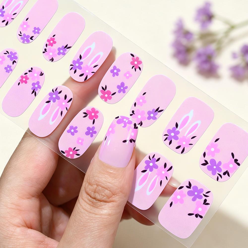 20tips Pink Purple Daisy Full Cover Nail Gel Stickers 3D Self-Adhesive Rose Lily Flower Nail Wraps Cute Summer Floral Nails*1pcs