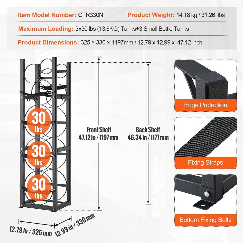 Refrigerant Tank Rack, with 3 x 30lbs and Other 3 Small Bottle Tanks, Cylinder Tank Rack 12.79x12.99x47.12 in, Refrigerant Cylinder Rack and Holders