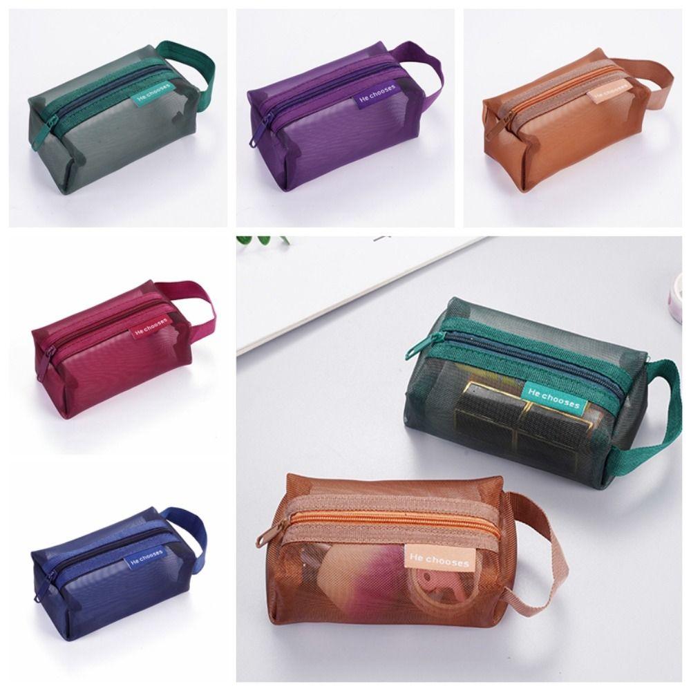Retro Color Transparent Cosmetic Bag Zipper Toiletry Storage Bag Cute Mesh Makeup Bag Lady