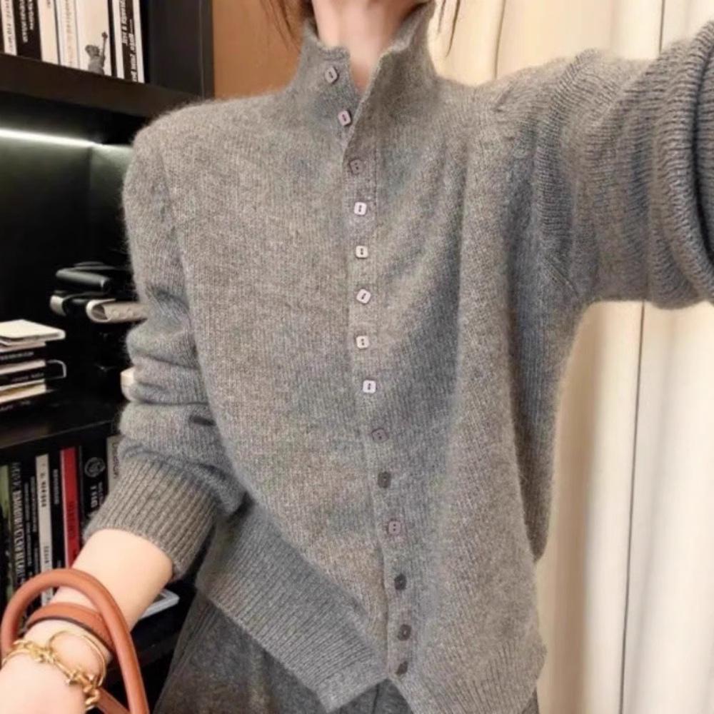 Elegant 100% Wool Stand Collar Sweater Cardigan for Women - Chic & Age-Reducing Style