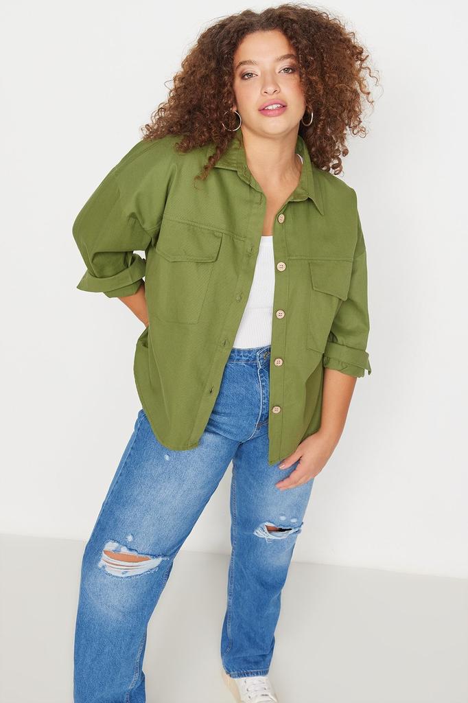 Women's Style Plus Size Shirt Khaki Color Pocket Detailed Shirt