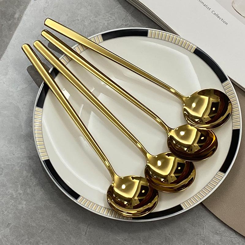 Korean Gold 304 Stainless Steel Round Spoon – Long Handle Bibimbap & Dessert Spoon