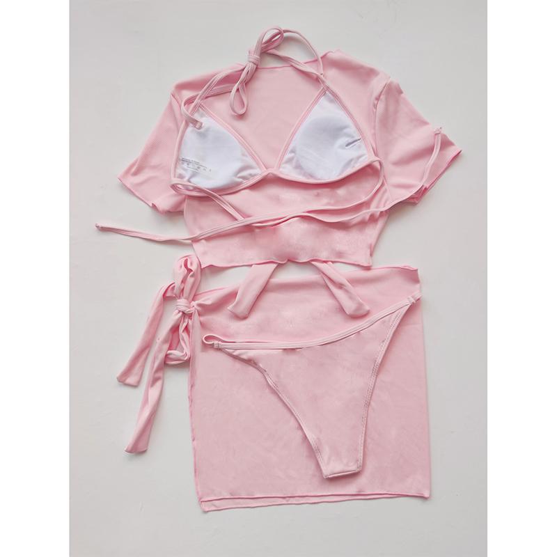 Solid Color Swimsuit Women 4-Piece Bikini Sexy Beach Skirt Bathing Suit Short Sleeve Swimwear High Waist Summer Beachwear