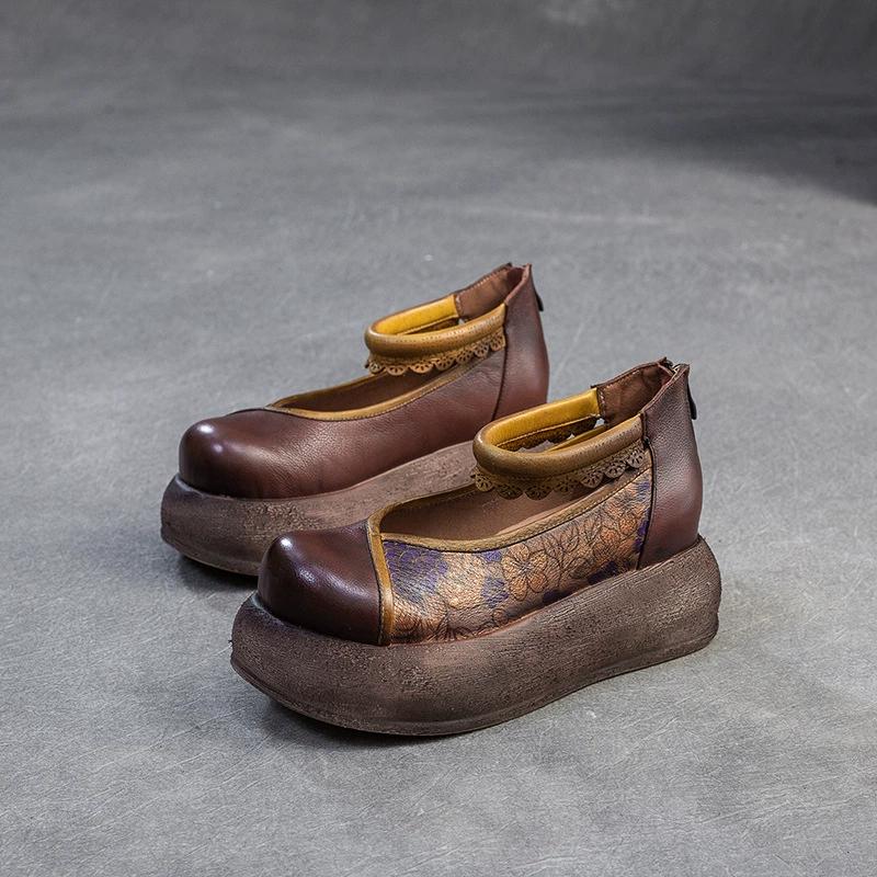 GKTINOO Ретро Туфли с круглым носком и толстой подошвой на весну-лето 2025 Новые женские туфли-платформы из натуральной кожи с цветочным декором