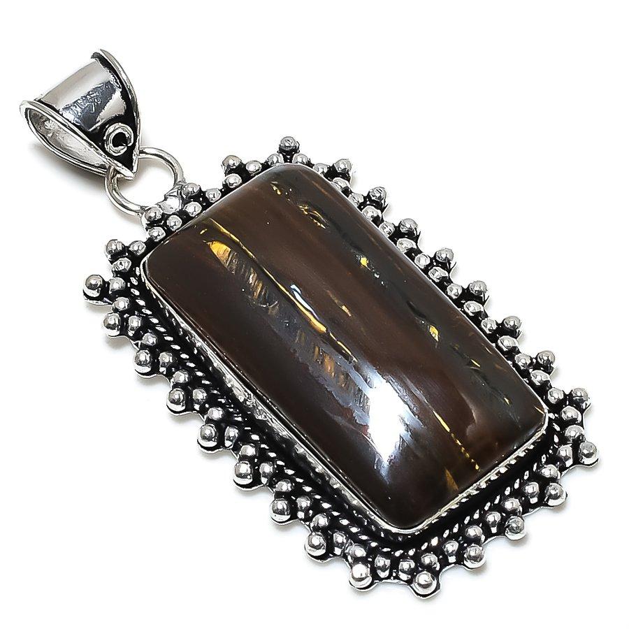 Tiger Eye Gemstone Handmade 925 Sterling Silver Jewelry Pendant 2.68" h7u81