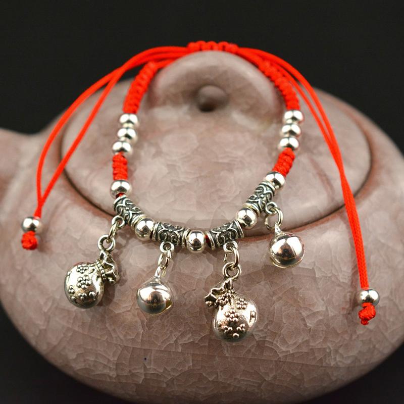 Simple Silver Retro Ethnic Style Anklet Female Beaded Red Rope Ankle Girl Accessories