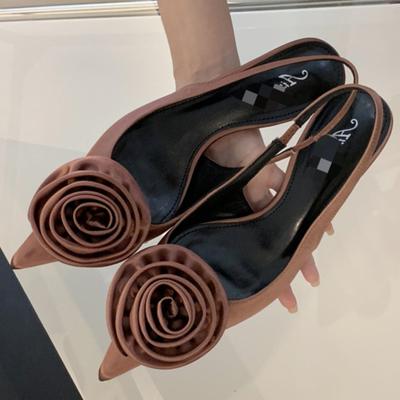 Модные Элегантные Туфли-лодочки из Атласа с Острым Носком, с Цветком на Спине и Открытой Пяткой, Летняя Модная Обувь для Женщин на Высоком Каблуке, Свадебные Туфли