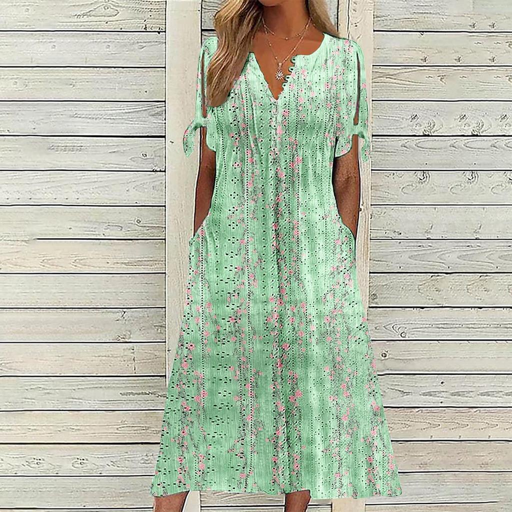 Women's Fashion Casual Bohemian Prints Round Neck Button Off Shoulder Short Sleeve Pocket Dress