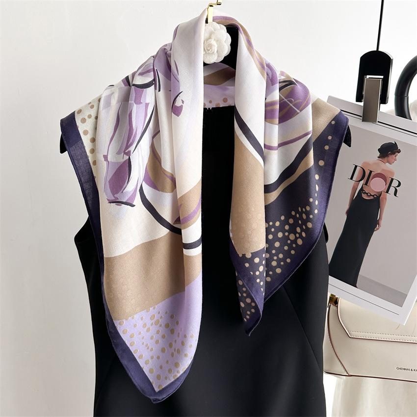 Purple Bow Scarf Neck Scarf 65 × 65Cm Thin French Polka Dot Cotton And Linen Velvet Scarf Women