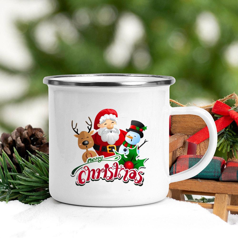 Merry Christmas Tree Snowman Santa Printed Mug Enamel Handle Coffee Cup Banquet Party Drinking Mugs Gift for Family Lover Friend