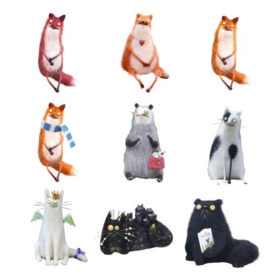 Шерстяной войлок Фамильяры Причудливые войлочные украшения ручной работы Капризные куклы кошки/опоссума Коллекционная фигурка животного для декора стола, полки, столешницы