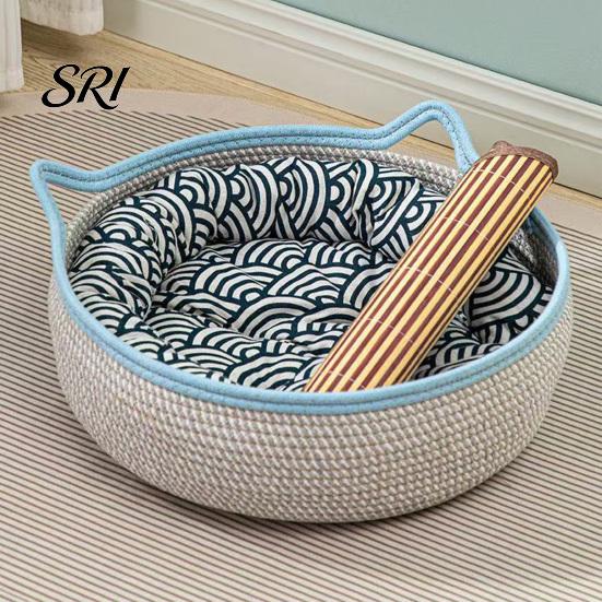 Cat Bed with Ears Basket Cushion Cotton Rope Handwoven Pet Breathable Ear for Indoor Cats Cool Summer