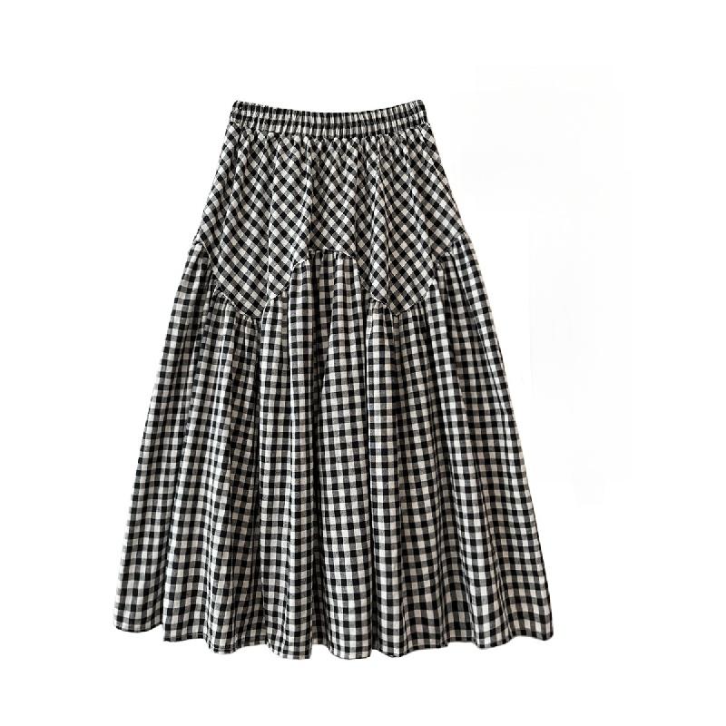 Design Sense Art Retro Plaid High Waist Slimming A- Line Skirt New Patchwork Big Hem Umbrella Skirt Long Skirt
