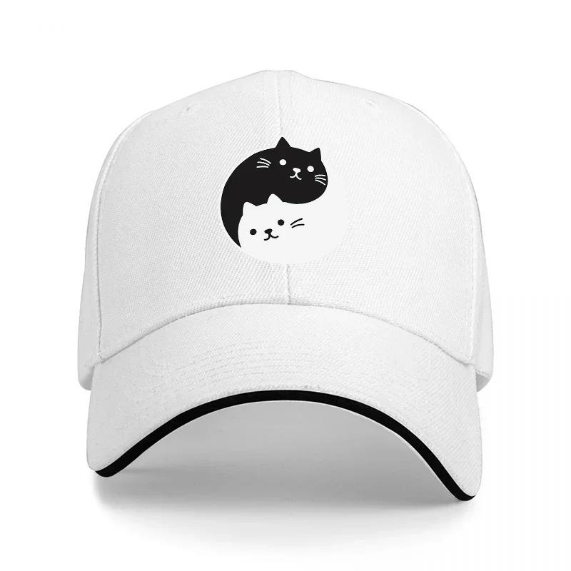 Yin Yang Cat Design Baseball Cap Black and White Feline Pattern Adjustable Hat for Casual Wear and Fashion StateUnisexts
