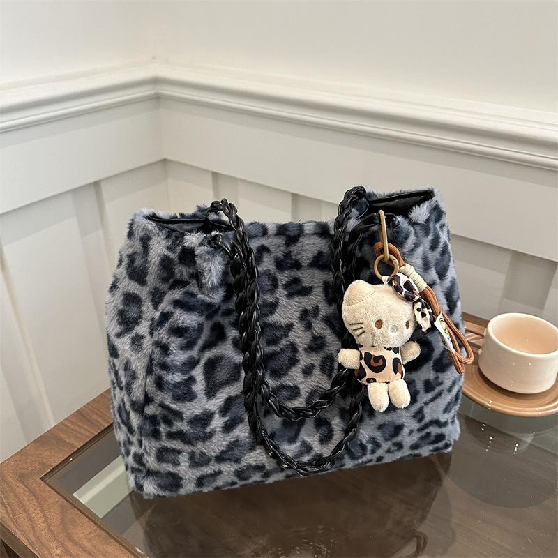 Зимняя плюшевая сумка-тоут с леопардовым принтом, женская модная сумка через плечо с цепочкой, универсальная пушистая сумка-мессенджер