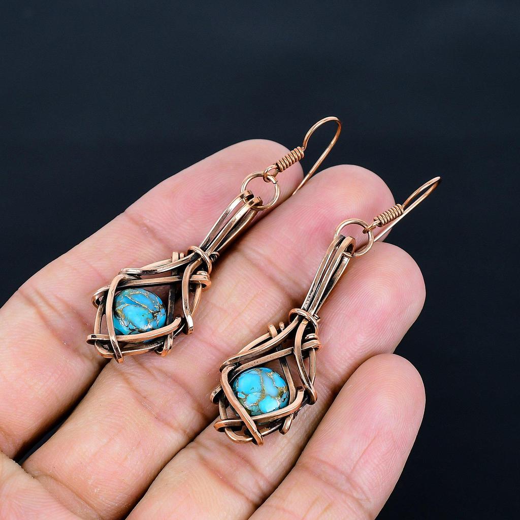 Copper Blue Turquoise Jewelry Handmade Gemstone Earrings, 999 Copper Wire Wrapped Earrings Antique Jewelry, For Engagement Gift