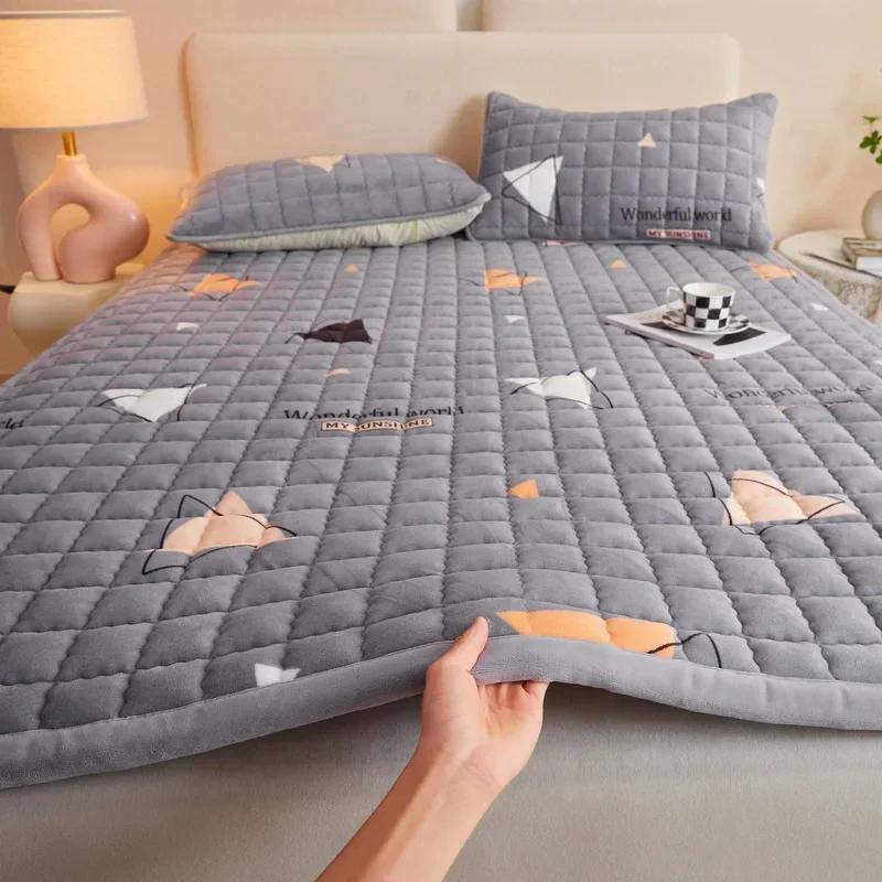 Winter Quilted Milk Velvet Thin Mattress Toppers Thickened Warm Bed Sheet Bedspread Single Double Soft Fold Tatami Floor Mat