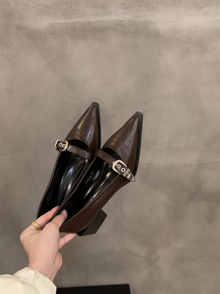 Французский темперамент Мэри Джейн маленькие кожаные туфли женские туфли 2024 новые весна и осень зима черные остроносые туфли на высоком каблуке одинарные туфли