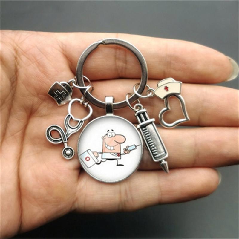 1Pc Nurse Medical Syringe Keychain Glass Key Ring Pendant Stethoscope Pattern Keychain Gift