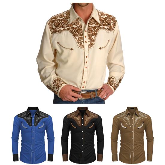 Men Spring Fall Shirt Loose Vintage Ethnic Style Print Color Matching Long Sleeve Lapel Single-breasted Mid Length Cardigan Men Top