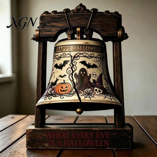Halloween Theme Gifts Vintage Wooden Bell Decor, Rustic Farmhouse Shelf Sitter with Showcase Ornaments Metal Wood Stand, Tabletop Centerpiece