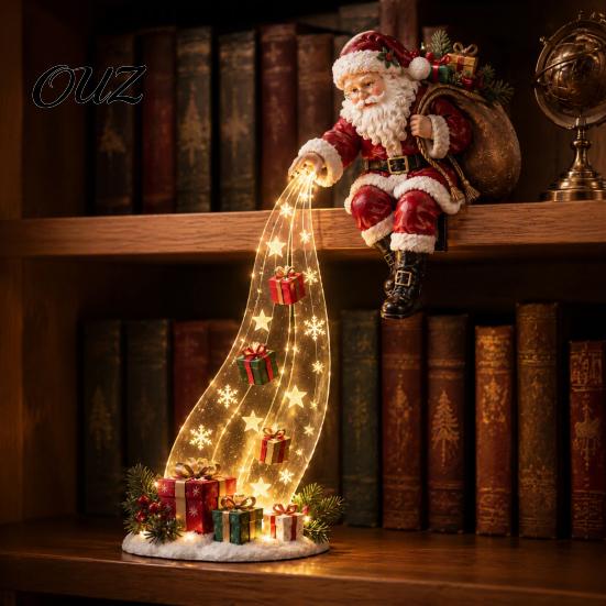 Snowman Bookshelf Accent LED Waterfall Christmas Shelf Sitter Figurine, Light Up Santa Claus Party Table Decor Angel Statue, Holiday Edge Ornament for