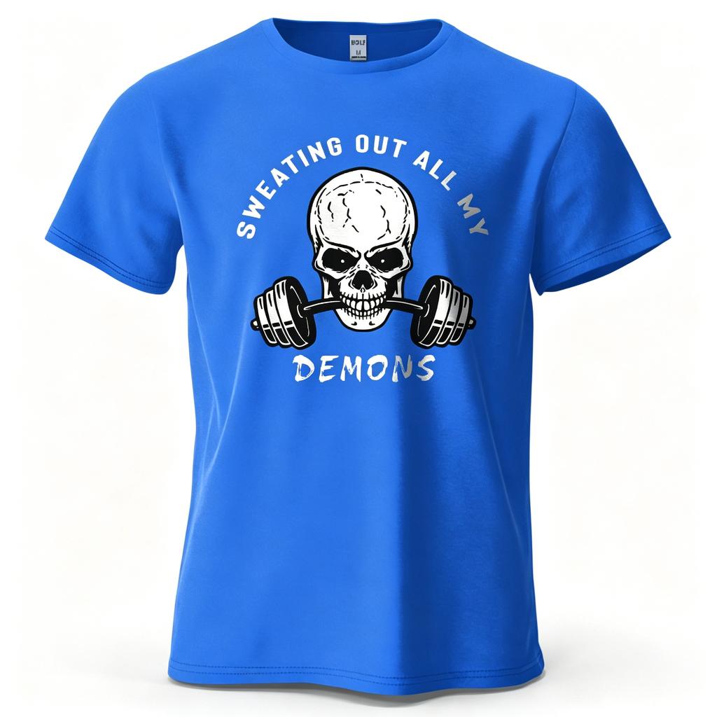 Funnygym Tshirt Sweating Out All My Demons Skull Barbell Graphicprint Unisex Unisex Workout Fitness Cotton T Shirt Casual Streetwear