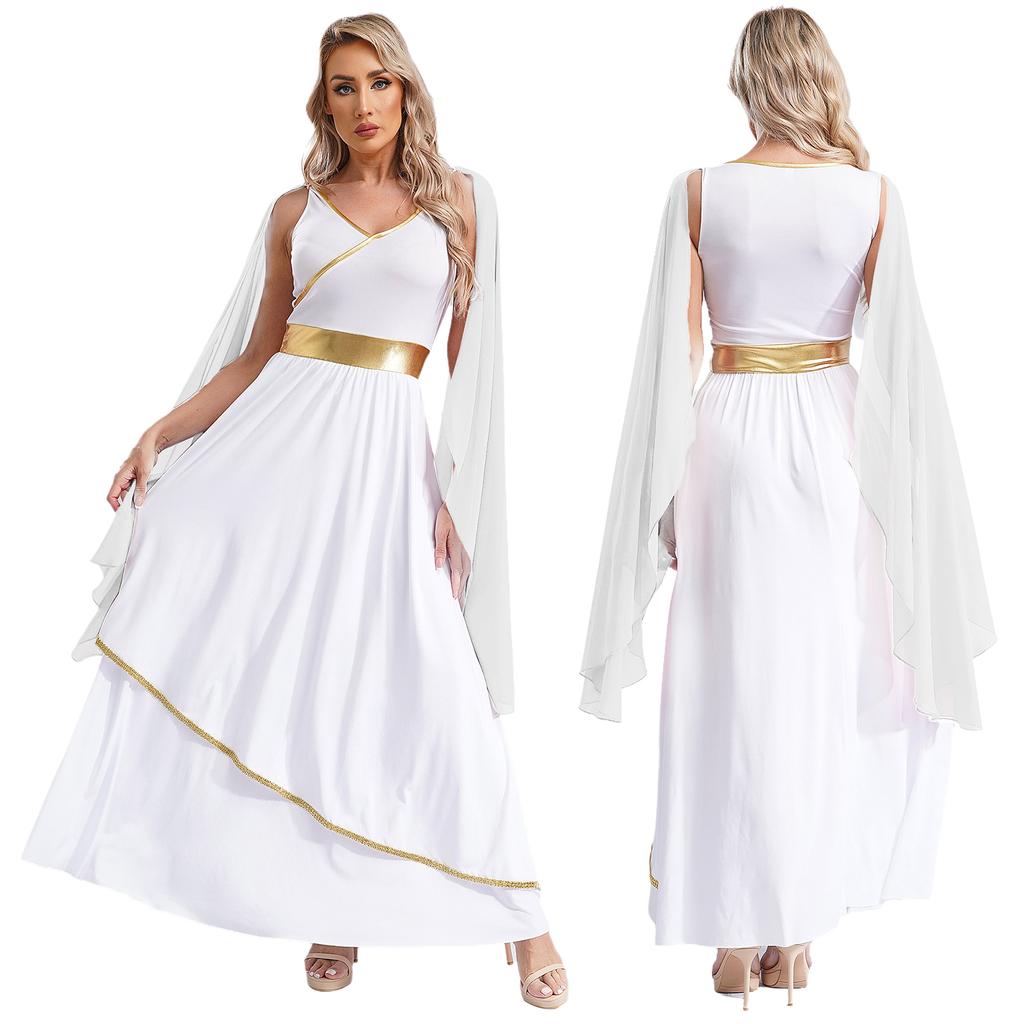 Women's Ancient Greek Roman Queen Costume Halloween Cosplay Gold Trims Toga Dress